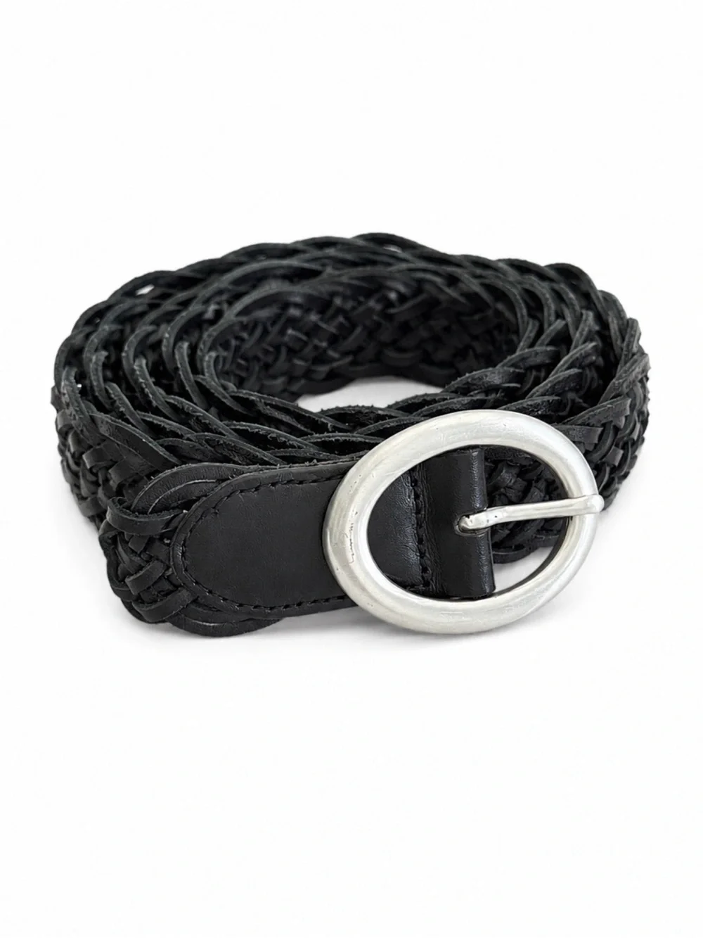 Talbots Black Braided Leather Belt with Silver Oval Buckle